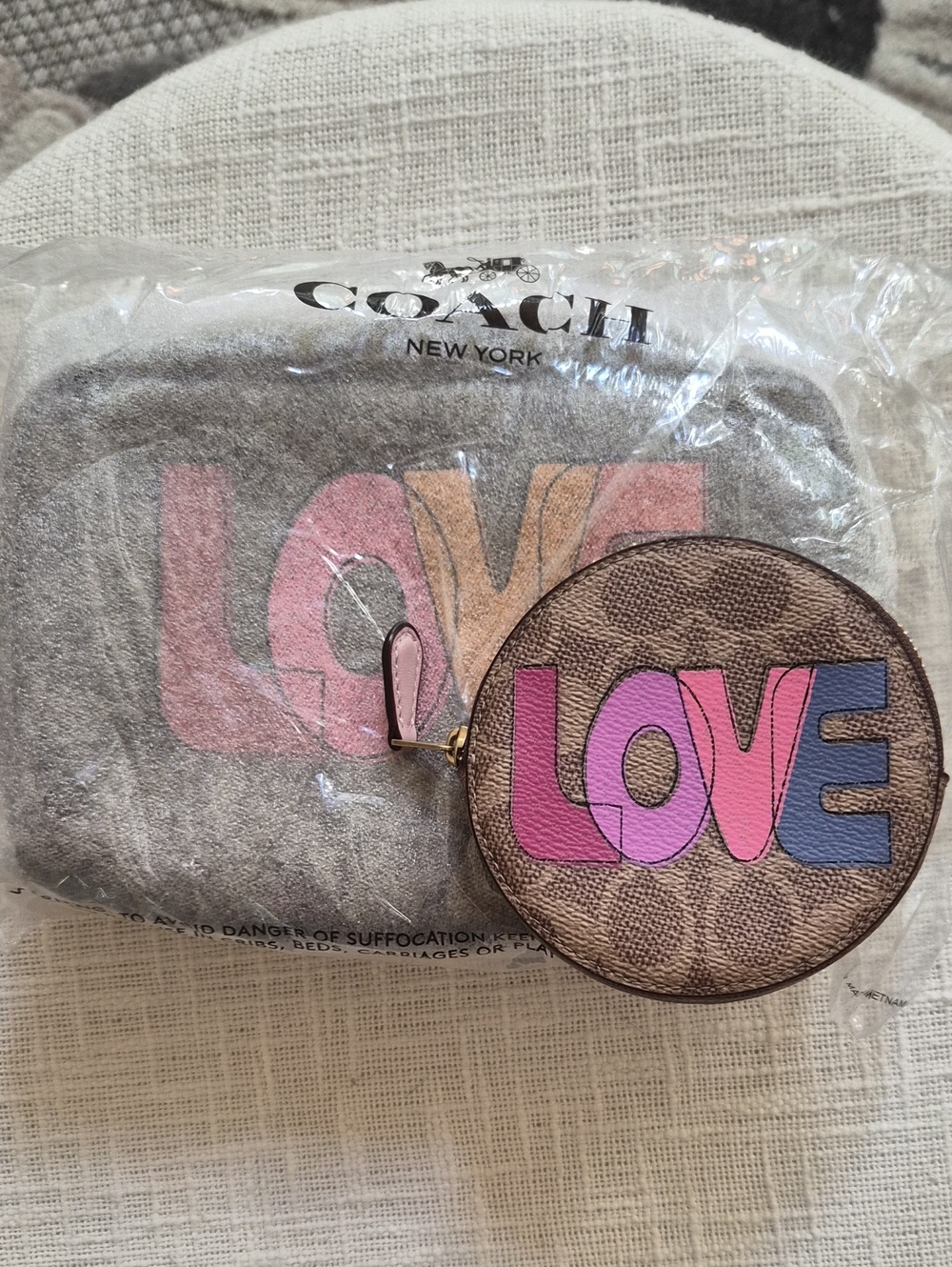 CoachCosmetic Bag & Round Coin Pouch with Pink and Blue LOVE Graphic